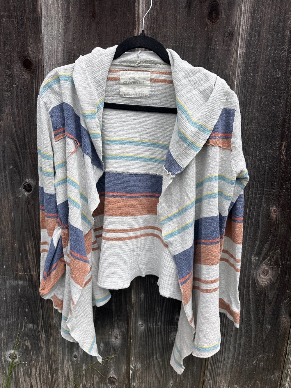 O'Neill Striped Open-Front Hooded Cardigan - Beige, Blue & Rust